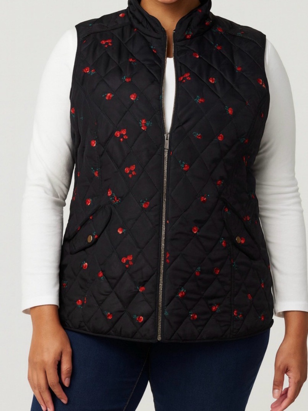 Charter Club Black & Red Floral Quilted Puffer Vest Size Large Like New